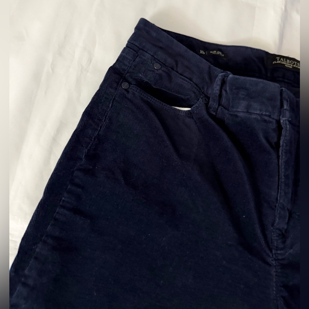 Talbots Flawless Five-Pocket Petites Navy Slim Ankle Frayed Hem Corduroy Pants - Picture 3 of 10
